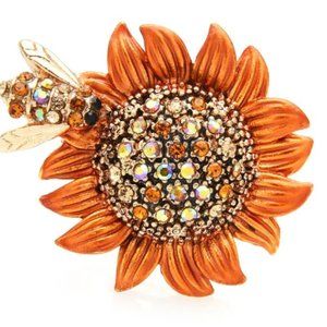 Rhinestone Bee And Sunflower 3-color Enamel Flower Brooch(Orange)